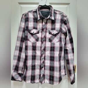 Guess Vintage Western Pink and Black Plaid Long Sleeve Button Down Shirt Size M